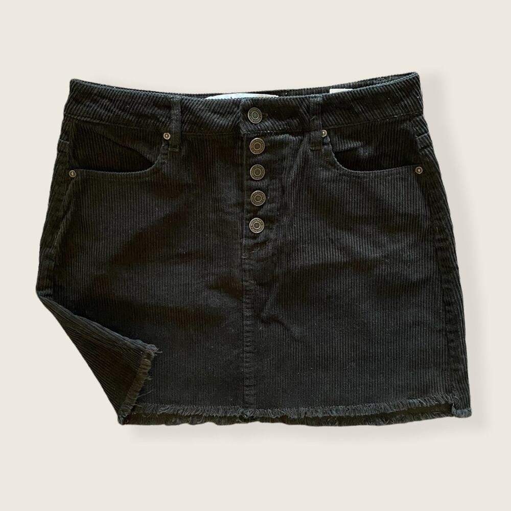 INDIGO REIN Corduroy Mini Skirt Dark Khaki Brown Green Size 26 Raw Edge Casual